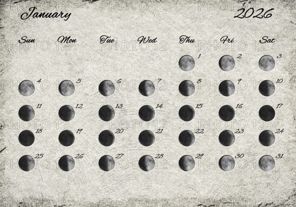 Moon Phases Calendar. January 2026 Old Paper