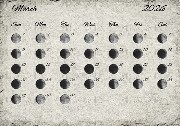 Moon Phases Calendar. March 2026 Old Paper