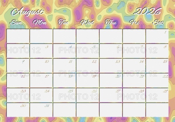 Printable Wall Calendar, August 2026 Colorful