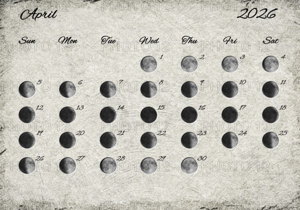 Moon Phases Calendar. April 2026 Old Paper