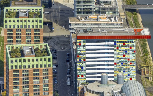 Aerial view, Colorium Hotel Innside Düsseldorf harbour and artistic coloured glass panel facade, shapes and colours, harbour, Düsseldorf, Ruhr area, North Rhine-Westphalia, Germany, DE, Europe, aerial view, aerial photography, aerial photography, overview, bird's-eye view, overview