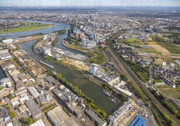Aerial view, Media Harbour office and business district, view to the river Rhine with Rhine Tower and city, railway tracks, brownfield, harbour, Düsseldorf, Ruhr area, North Rhine-Westphalia, Germany, construction work, construction area, construction site, building plots, construction project, construction site, DE, Deutsche Bahn AG, Europe, aerial view, aerial photography, aerial photography, Media Harbour, new building, tower, overview, bird's-eye view, overview