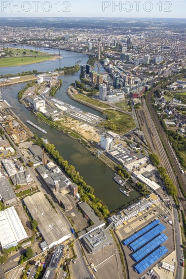 Aerial view, Media Harbour office and business district, view to the river Rhine with Rhine Tower and city, railway tracks, brownfield, harbour, Düsseldorf, Ruhr area, North Rhine-Westphalia, Germany, construction work, construction area, construction site, building plots, construction project, construction site, DE, Deutsche Bahn AG, Europe, aerial view, aerial photography, aerial photography, Media Harbour, new building, tower, overview, bird's-eye view, overview