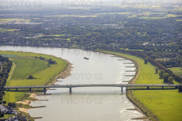 Aerial view, construction site and one-way trafficable Josef-Kardinal-Frings-Bridge over the river Rhine, federal road B1, Hammfeld, Neuss, Ruhr area, North Rhine-Westphalia, Germany, bridge, DE, Düsseldorf, Europe, river, aerial view, aerial photography, aerial photography, road traffic, overview, bird's-eye view, overview