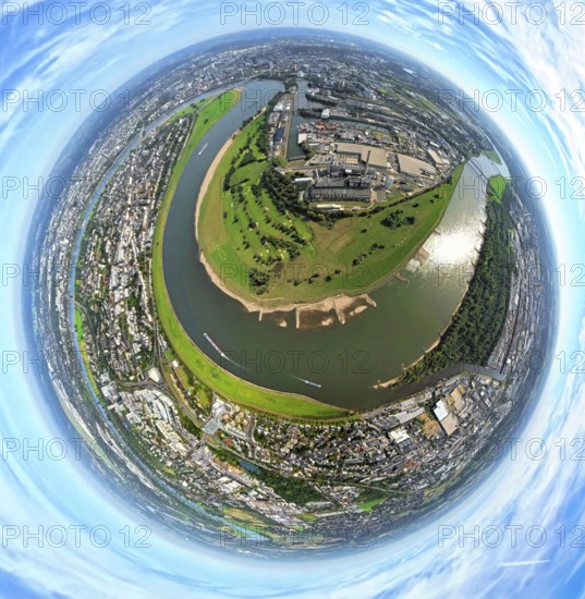Aerial view, river Rhine Rhine bend, golf course Auf der Lausward and harbour with Lausward power station, globe, fisheye image, 360 degree image, tiny world, little planet, fisheye image, harbour, Düsseldorf, Ruhr area, North Rhine-Westphalia, Germany, DE, Europe, fisheye lens, fisheye lens, golf, golf course, golf club, golf course, golf meadow, little planet, aerial photography, aerial photography, aerial photography, sports, super wide angle lens, tiny world, overview, bird's eye view, globe, birds-eyes view, fisheye lens, insta360 camera, overview