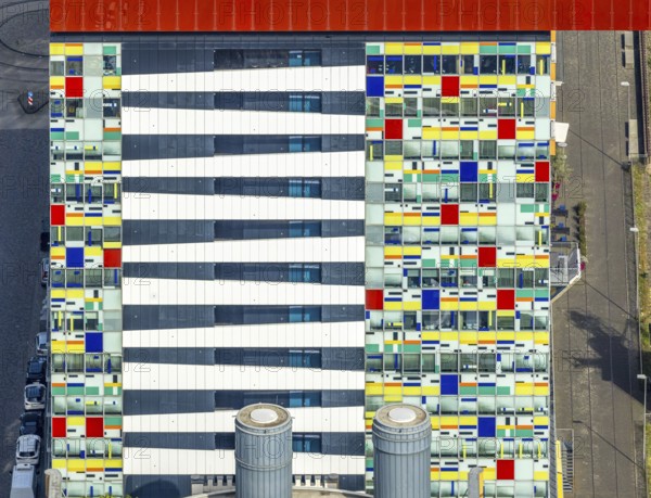Aerial view, Colorium Hotel Innside Düsseldorf harbour and artistic coloured glass panel facade, shapes and colours, harbour, Düsseldorf, Ruhr area, North Rhine-Westphalia, Germany, DE, Europe, aerial view, aerial photography, aerial photography, overview, bird's-eye view, overview