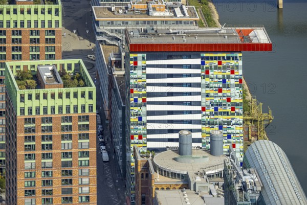 Aerial view, Colorium Hotel Innside Düsseldorf harbour and artistic coloured glass panel facade, shapes and colours, harbour, Düsseldorf, Ruhr area, North Rhine-Westphalia, Germany, DE, Europe, aerial view, aerial photography, aerial photography, overview, bird's-eye view, overview
