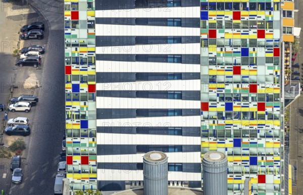Aerial view, Colorium Hotel Innside Düsseldorf harbour and artistic coloured glass panel facade, shapes and colours, harbour, Düsseldorf, Ruhr area, North Rhine-Westphalia, Germany, DE, Europe, aerial view, aerial photography, aerial photography, overview, bird's-eye view, overview
