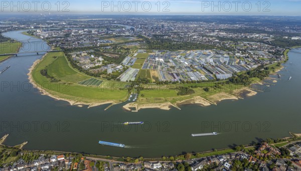 Aerial view, Rhine bend and district Volmerswerth, horticultural farms and agricultural use in the district Volmerswerth, shapes and colours with graphical representation, river Rhine and inland navigation, distant view and blue sky with clouds, Volmerswerth, Düsseldorf, Ruhr area, North Rhine-Westphalia, Germany, DE, Europe, river, aerial view, aerial photography, aerial photography, navigation, overview, bird's-eye view, overview