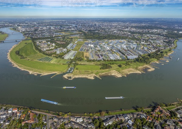 Aerial view, Rhine bend and district Volmerswerth, horticultural farms and agricultural use in the district Volmerswerth, shapes and colours with graphical representation, river Rhine and inland navigation, distant view and blue sky with clouds, Volmerswerth, Düsseldorf, Ruhr area, North Rhine-Westphalia, Germany, DE, Europe, river, aerial view, aerial photography, aerial photography, navigation, overview, bird's-eye view, overview