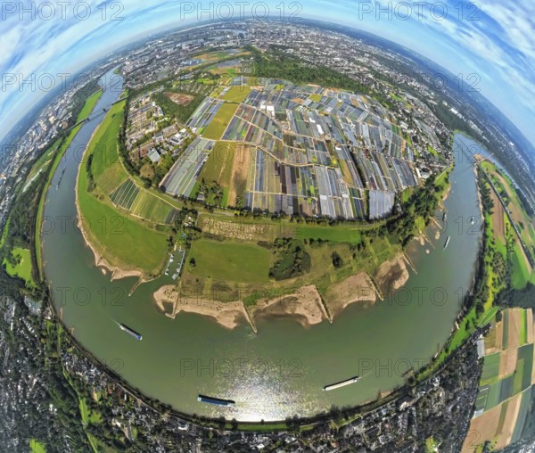 Aerial view, horticulture and agricultural use in the district of Volmerswerth, river Rhine, shapes and colours, earth globe, fisheye image, 360 degree image, tiny world, little planet, fisheye image, Volmerswerth, Düsseldorf, Ruhr area, North Rhine-Westphalia, Germany, DE, Europe, fisheye lens, fisheye lens, Little Planet, aerial photography, aerial photography, aerial photography, super wide angle lens, Tiny World, overview, bird's eye view, globe, birds-eyes view, fisheye lens, insta360 camera, overview