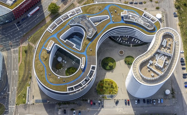 Aerial photo, trivago N.V. headquarters in the media harbour, harbour, Düsseldorf, Ruhr area, North Rhine-Westphalia, Germany, DE, Europe, commercial enterprise, commercial area, commercial area, commercial property, commercial location, commercial use, high-rise building, aerial photograph, aerial photography, aerial photography, overview, bird's eye view, birds-eyes view, overview