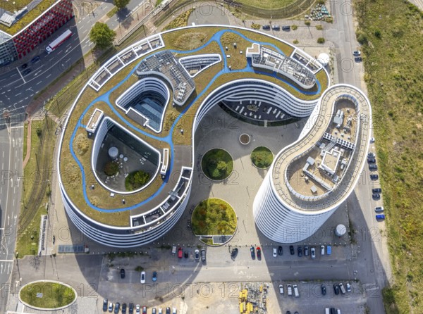 Aerial photo, trivago N.V. headquarters in the media harbour, harbour, Düsseldorf, Ruhr area, North Rhine-Westphalia, Germany, DE, Europe, commercial enterprise, commercial area, commercial area, commercial property, commercial location, commercial use, high-rise building, aerial photograph, aerial photography, aerial photography, overview, bird's eye view, birds-eyes view, overview