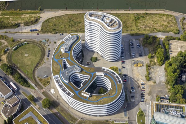 Aerial photo, trivago N.V. headquarters in the media harbour, harbour, Düsseldorf, Ruhr area, North Rhine-Westphalia, Germany, DE, Europe, commercial enterprise, commercial area, commercial area, commercial property, commercial location, commercial use, high-rise building, aerial photograph, aerial photography, aerial photography, overview, bird's eye view, birds-eyes view, overview
