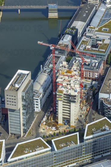Aerial view, Media harbour on the river Rhine, construction site with construction crane and new Uniq Towers between Kaistraße and Zollhof, harbour, Düsseldorf, Ruhr area, North Rhine-Westphalia, Germany, construction work, construction area, construction site, building plots, construction crane, construction project, construction site, DE, Europe, commercial enterprise, commercial space, commercial area, commercial property, commercial site, commercial use, industrial area, industrial site, aerial view, aerial photography, aerial photography, media centre, new building, overview, bird's-eye view, overview