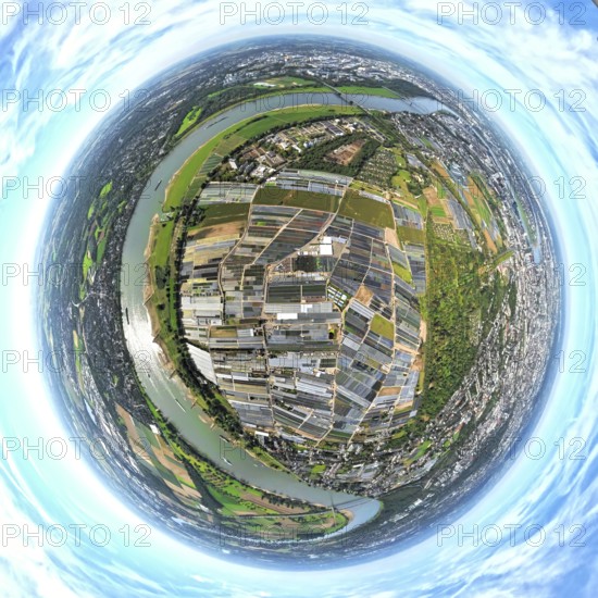 Aerial view, horticulture and agricultural use in the district of Volmerswerth, river Rhine, shapes and colours, earth globe, fisheye image, 360 degree image, tiny world, little planet, fisheye image, Volmerswerth, Düsseldorf, Ruhr area, North Rhine-Westphalia, Germany, DE, Europe, fisheye lens, fisheye lens, Little Planet, aerial photography, aerial photography, aerial photography, super wide angle lens, Tiny World, overview, bird's eye view, globe, birds-eyes view, fisheye lens, insta360 camera, overview