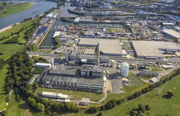 Aerial view, harbour with Lausward power plant, harbour, Düsseldorf, Ruhr area, North Rhine-Westphalia, Germany, DE, Europe, harbour area, harbour overview, aerial view, aerial photography, aerial photography, overview, bird's eye view, birds-eyes view, overview