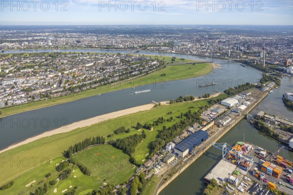 Aerial view, sandy beach paradise beach Düsseldorf parliamentary bank at the river Rhine, industrial area Bremer Straße, view over Düsseldorf, harbour, Düsseldorf, Ruhr area, North Rhine-Westphalia, Germany, DE, Europe, aerial view, aerial photography, aerial photography, Rhine beach, sandy beach, overview, bird's-eye view, overview