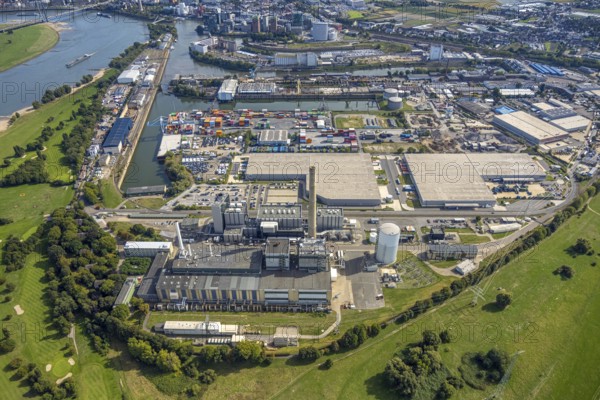 Aerial view, harbour with Lausward power plant, harbour, Düsseldorf, Ruhr area, North Rhine-Westphalia, Germany, DE, Europe, harbour area, harbour overview, aerial view, aerial photography, aerial photography, overview, bird's eye view, birds-eyes view, overview