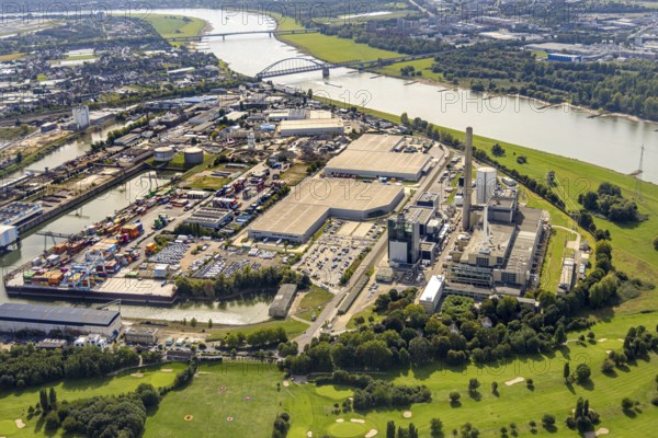Aerial view, harbour with Lausward power plant, harbour, Düsseldorf, Ruhr area, North Rhine-Westphalia, Germany, DE, Europe, harbour area, harbour overview, aerial view, aerial photography, aerial photography, overview, bird's eye view, birds-eyes view, overview