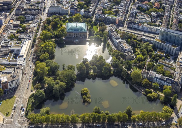 Aerial view, Ständehauspark with Ständehaus, Kaiserteich and Schwanenspiegel, Unterbilk, Düsseldorf, Ruhr area, North Rhine-Westphalia, Germany, DE, Europe, green island, aerial view, aerial photography, aerial photography, sight, overview, bird's eye view, birds-eyes view, green lung, overview