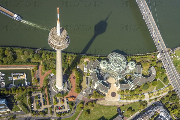 Aerial view, Rhine Tower in the Rhine Park Bilk near the Media Harbour on the river Rhine, State Parliament of North Rhine-Westphalia, Unterbilk, Düsseldorf, Ruhr area, North Rhine-Westphalia, Germany, DE, Europe, State Parliament, aerial view, aerial photography, aerial photography, tower, overview, bird's-eye view, overview