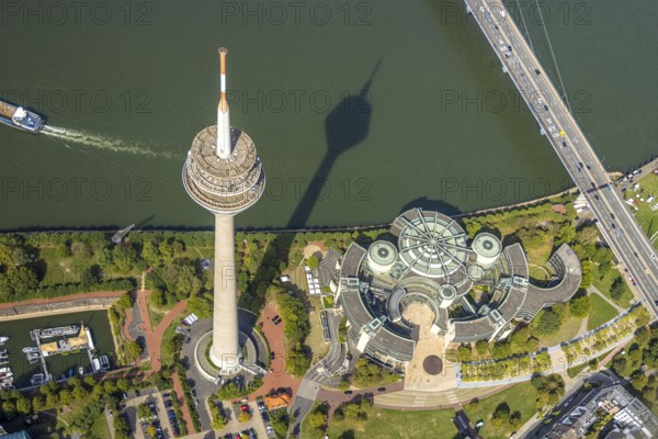 Aerial view, Rhine Tower in the Rhine Park Bilk near the Media Harbour on the river Rhine, State Parliament of North Rhine-Westphalia, Unterbilk, Düsseldorf, Ruhr area, North Rhine-Westphalia, Germany, DE, Europe, State Parliament, aerial view, aerial photography, aerial photography, tower, overview, bird's-eye view, overview