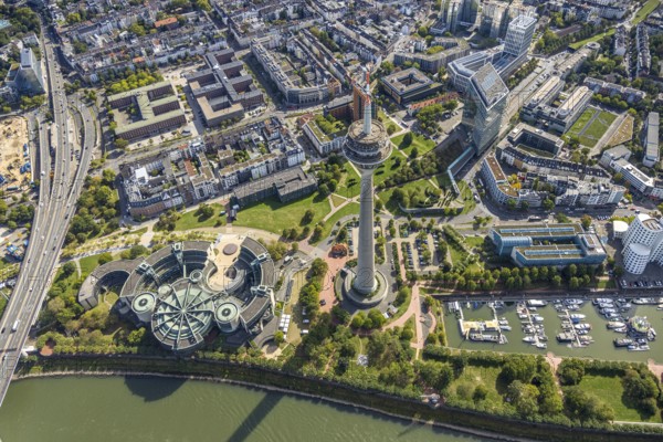 Aerial view, Rhine Tower in the Rhine Park Bilk near the Media Harbour on the river Rhine, State Parliament of North Rhine-Westphalia, Unterbilk, Düsseldorf, Ruhr area, North Rhine-Westphalia, Germany, DE, Europe, State Parliament, aerial view, aerial photography, aerial photography, tower, overview, bird's-eye view, overview