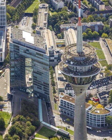 Aerial view, Rhine Tower spire near the media harbour, Bilk, Unterbilk, Düsseldorf, Ruhr area, North Rhine-Westphalia, Germany, DE, Europe, aerial view, aerial photography, aerial photography, tower, overview, bird's-eye view, overview