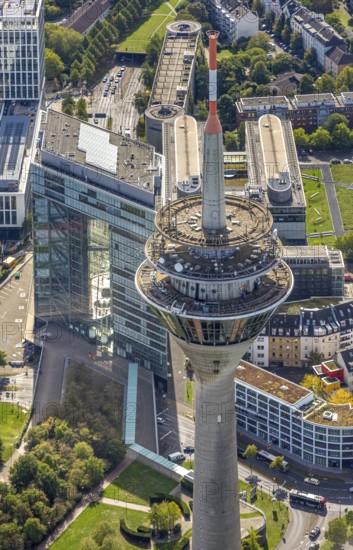 Aerial view, Rhine Tower spire near the media harbour, Bilk, Unterbilk, Düsseldorf, Ruhr area, North Rhine-Westphalia, Germany, DE, Europe, aerial view, aerial photography, aerial photography, tower, overview, bird's-eye view, overview