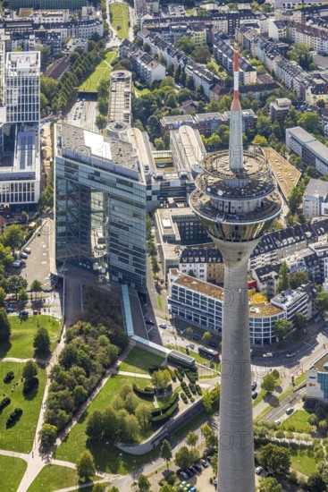 Aerial view, Rhine Tower spire near the media harbour, Bilk, Unterbilk, Düsseldorf, Ruhr area, North Rhine-Westphalia, Germany, DE, Europe, aerial view, aerial photography, aerial photography, tower, overview, bird's-eye view, overview