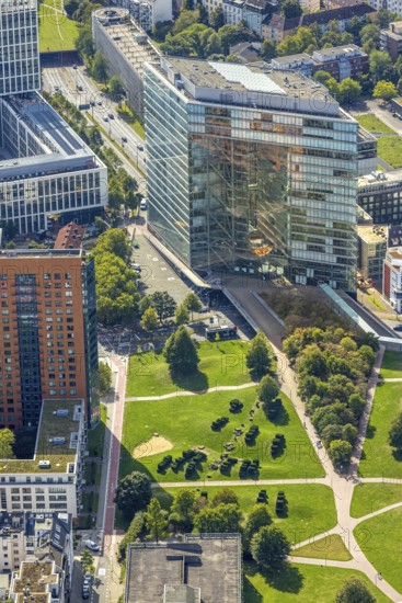 Aerial view, office building Stadttor and BürgerPark, Unterbilk, Düsseldorf, Ruhr area, North Rhine-Westphalia, Germany, DE, Europe, aerial view, aerial photography, aerial photography, overview, bird's-eye view, overview