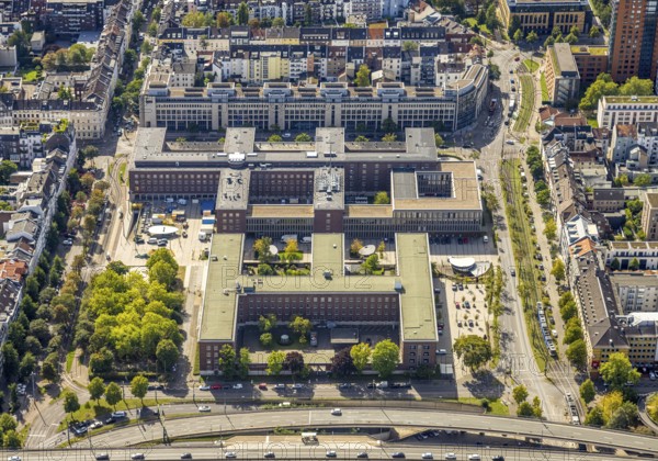 Aerial photograph, Jürgensplatz police headquarters, above Ministry of Labour, Health and Social Affairs, Unterbilk, Düsseldorf, Ruhr area, North Rhine-Westphalia, Germany, eye of the law, authority, DE, Europe, aerial photograph, aerial photography, aerial photography, law enforcement officer, police, police station, police station, state authority, state power, overview, bird's-eye view, bird's-eye view, overview