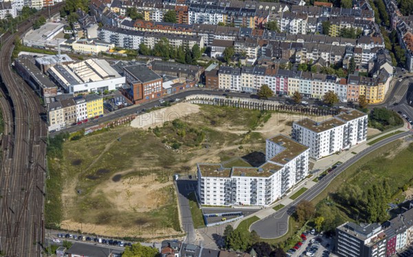 Aerial view, construction site Grand Central district for new residential quarter, former postal distribution centre at the main railway station, between Kölner Straße and Erkrather Straße, Oberbilk, Düsseldorf, Ruhr area, North Rhine-Westphalia, Germany, construction work, construction area, building site, building plots, construction project, construction site, DE, Europe, major construction site, real estate project, investor Catella Project Management, aerial view, aerial photography, aerial photography, new building, overview, bird's eye view, overview