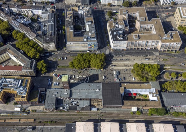 Aerial view, station building, station forecourt, main station, Konrad-Adenauer-Platz, city centre, Düsseldorf, Ruhr area, North Rhine-Westphalia, Germany, DE, Europe, aerial view, aerial photography, aerial photography, overview, bird's-eye view, overview