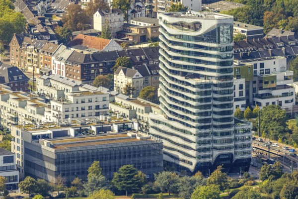 Aerial view, high-rise building The Zipper Hotel and Apartments, Heerdt, Düsseldorf, Ruhr area, North Rhine-Westphalia, Germany, DE, Europe, gastronomy, hotel, hotel complex, hotel business, aerial view, aerial photography, aerial photography, overview, bird's-eye view, overview