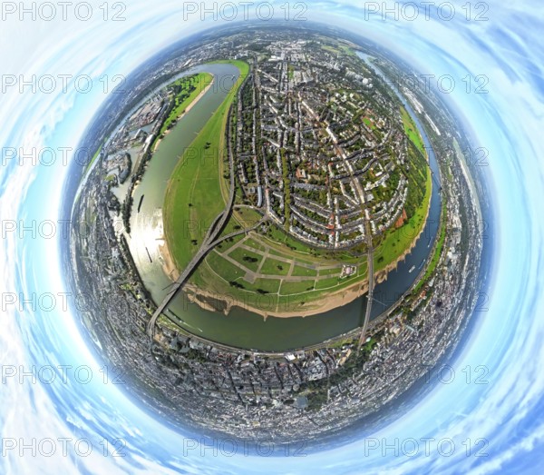 Aerial view, district Oberkassel with Festwiese Oberkassel, Rheinkniebrücke and Oberkasseler Brücke over the river Rhine, globe, fisheye image, fisheye image, 360 degree image, tiny world, little planet, fisheye image, Oberkassel, Düsseldorf, Ruhr area, North Rhine-Westphalia, Germany, bridge, DE, Europe, fisheye lens, fisheye lens, river, little planet, aerial photography, aerial photography, aerial photography, super wide angle lens, tiny world, overview, bird's eye view, globe, birds-eyes view, fisheye lens, insta360 camera, overview