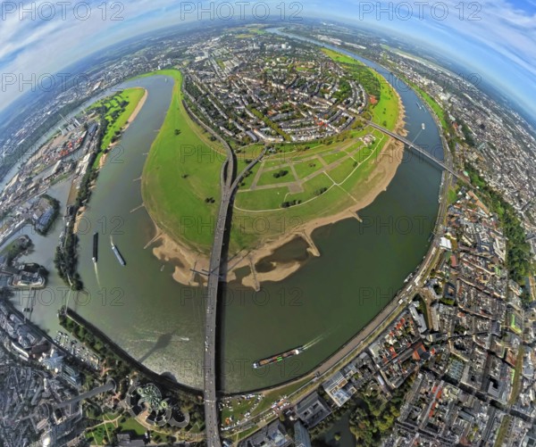 Aerial view, district Oberkassel with Festwiese Oberkassel, Rheinkniebrücke and Oberkasseler Brücke over the river Rhine, globe, fisheye image, fisheye image, 360 degree image, tiny world, little planet, fisheye image, Oberkassel, Düsseldorf, Ruhr area, North Rhine-Westphalia, Germany, bridge, DE, Europe, fisheye lens, fisheye lens, river, little planet, aerial photography, aerial photography, aerial photography, super wide angle lens, tiny world, overview, bird's eye view, globe, birds-eyes view, fisheye lens, insta360 camera, overview