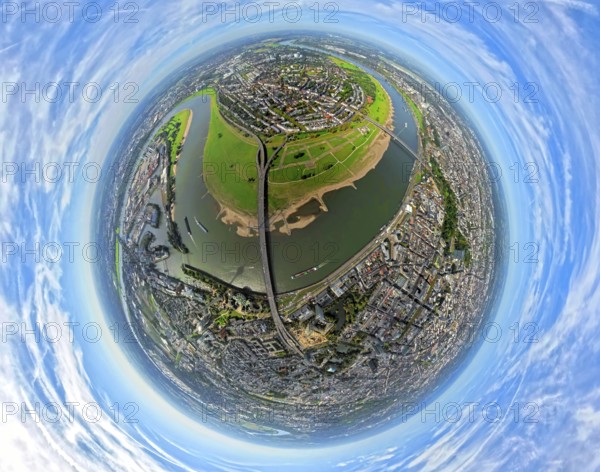Aerial view, district Oberkassel with Festwiese Oberkassel, Rheinkniebrücke and Oberkasseler Brücke over the river Rhine, globe, fisheye image, fisheye image, 360 degree image, tiny world, little planet, fisheye image, Oberkassel, Düsseldorf, Ruhr area, North Rhine-Westphalia, Germany, bridge, DE, Europe, fisheye lens, fisheye lens, river, little planet, aerial photography, aerial photography, aerial photography, super wide angle lens, tiny world, overview, bird's eye view, globe, birds-eyes view, fisheye lens, insta360 camera, overview