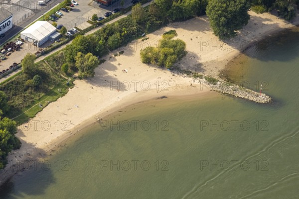 Aerial view, sandy beach paradise beach Düsseldorf parliament shore at the river Rhine, harbour, Düsseldorf, Ruhr area, North Rhine-Westphalia, Germany, DE, Europe, aerial view, aerial photography, aerial photography, Rhine beach, sandy beach, overview, bird's-eye view, overview