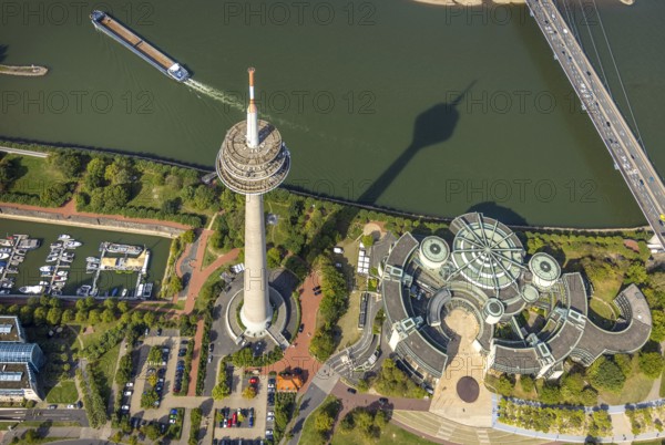 Aerial view, Rhine Tower in the Rhine Park Bilk near the Media Harbour on the river Rhine, State Parliament of North Rhine-Westphalia, Unterbilk, Düsseldorf, Ruhr area, North Rhine-Westphalia, Germany, DE, Europe, State Parliament, aerial view, aerial photography, aerial photography, tower, overview, bird's-eye view, overview