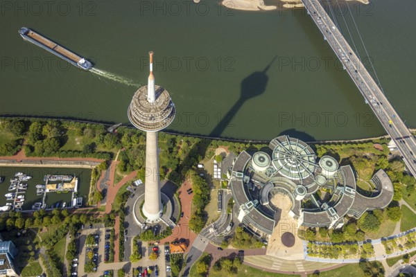 Aerial view, Rhine Tower in the Rhine Park Bilk near the Media Harbour on the river Rhine, State Parliament of North Rhine-Westphalia, Unterbilk, Düsseldorf, Ruhr area, North Rhine-Westphalia, Germany, DE, Europe, State Parliament, aerial view, aerial photography, aerial photography, tower, overview, bird's-eye view, overview