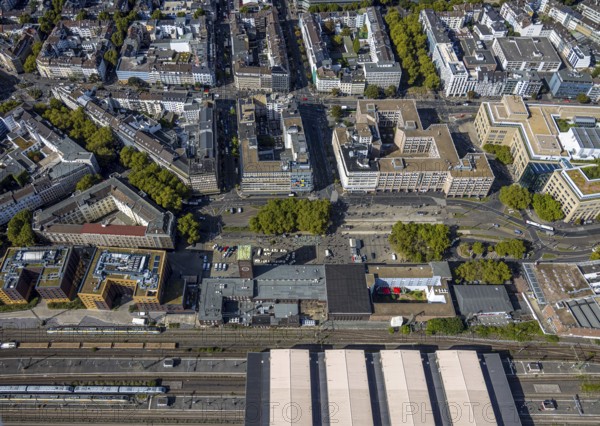 Aerial view, station building, station forecourt, main station, Konrad-Adenauer-Platz, city centre, Düsseldorf, Ruhr area, North Rhine-Westphalia, Germany, DE, Europe, aerial view, aerial photography, aerial photography, overview, bird's-eye view, overview
