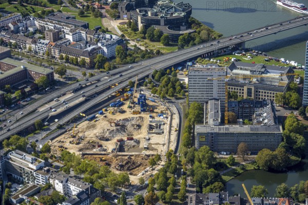 Aerial view, construction site Haroldstraße, demolition of the former Ministry of the Interior and planned new administrative centre for the state administration of North Rhine-Westphalia, Rheinkniebrücke and rear view of the State Chancellery of North Rhine-Westphalia, Horionplatz, Unterbilk, Düsseldorf, Ruhr area, North Rhine-Westphalia, Germany, construction work, construction area, construction site, building site, building project, construction site, authority, DE, Europe, aerial view, aerial photography, aerial photography, new building, overview, bird's-eye view, overview