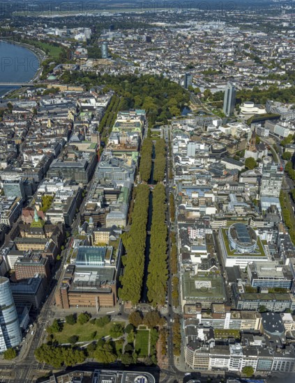 Aerial view, old town with office buildings and shopping mall, Königsallee tree-lined avenue, Breitenbacher Hof and construction site car park Königsallee corner Benrather Straße, Corneliusplatz with fountain, city centre, Düsseldorf, Rhineland, North Rhine-Westphalia, Germany, construction work, construction area, construction site, building site, building project, construction project, construction site, DE, shopping mall, shopping mile, shopping street, shopping centre, Europe, pedestrian zone, aerial view, aerial photography, aerial photography, local supply centre, new building, shopping centre, overview, bird's eye view, birds-eyes view, overview