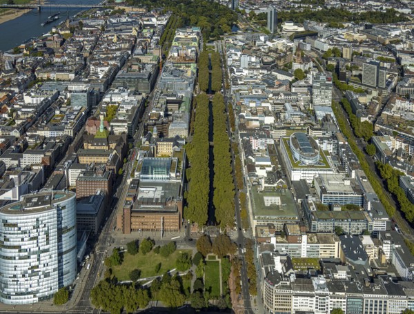 Aerial view, old town with office buildings and shopping mall, Königsallee tree-lined avenue, Breitenbacher Hof and construction site car park Königsallee corner Benrather Straße, Corneliusplatz with fountain, city centre, Düsseldorf, Rhineland, North Rhine-Westphalia, Germany, construction work, construction area, construction site, building site, building project, construction project, construction site, DE, shopping mall, shopping mile, shopping street, shopping centre, Europe, pedestrian zone, aerial view, aerial photography, aerial photography, local supply centre, new building, shopping centre, overview, bird's eye view, birds-eyes view, overview
