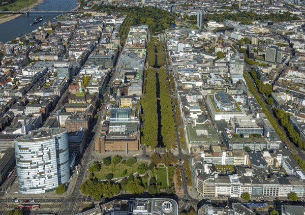 Aerial view, old town with office buildings and shopping mall, Königsallee tree-lined avenue, Breitenbacher Hof and construction site car park Königsallee corner Benrather Straße, Corneliusplatz with fountain, city centre, Düsseldorf, Rhineland, North Rhine-Westphalia, Germany, construction work, construction area, construction site, building site, building project, construction project, construction site, DE, shopping mall, shopping mile, shopping street, shopping centre, Europe, pedestrian zone, aerial view, aerial photography, aerial photography, local supply centre, new building, shopping centre, overview, bird's eye view, birds-eyes view, overview