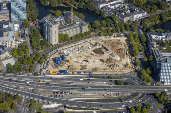 Aerial view, construction site Haroldstraße, demolition of the former Ministry of the Interior and planned new administrative centre for the state administration of North Rhine-Westphalia, Unterbilk, Düsseldorf, Ruhr area, North Rhine-Westphalia, Germany, construction work, construction area, building site, building plots, construction project, construction site, authority, DE, Europe, aerial view, aerial photography, aerial photography, new building, overview, bird's-eye view, overview