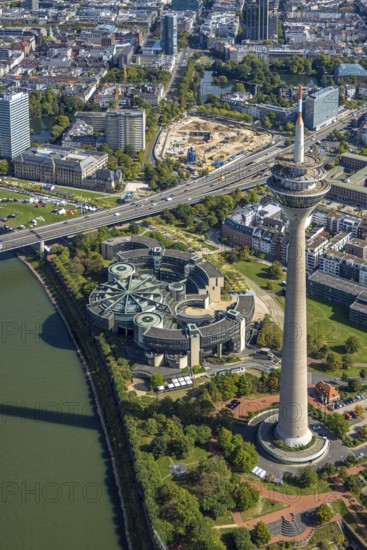 Aerial view, State Parliament of North Rhine-Westphalia and Rhine Tower at the Rhine Park, behind construction site Haroldstraße, demolition of the former Ministry of the Interior and planned new administrative centre for the state administration of North Rhine-Westphalia, port, Düsseldorf, Ruhr area, North Rhine-Westphalia, Germany, authority, DE, Europe, state parliament, aerial view, aerial photography, aerial photography, tower, overview, bird's-eye view, overview