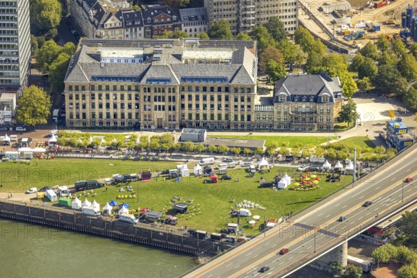 Aerial view, event with pavilions of the meadow at the state chancellery of North Rhine-Westphalia, Carlstadt, Düsseldorf, Ruhr area, North Rhine-Westphalia, Germany, Apollo-Platz, authority, Bernhard Paul organiser, DE, Europe, events, culture, art, aerial photography, aerial photography, aerial photography, theatre, overview, event centre, bird's-eye view, birds-eyes view, cultural use, overview